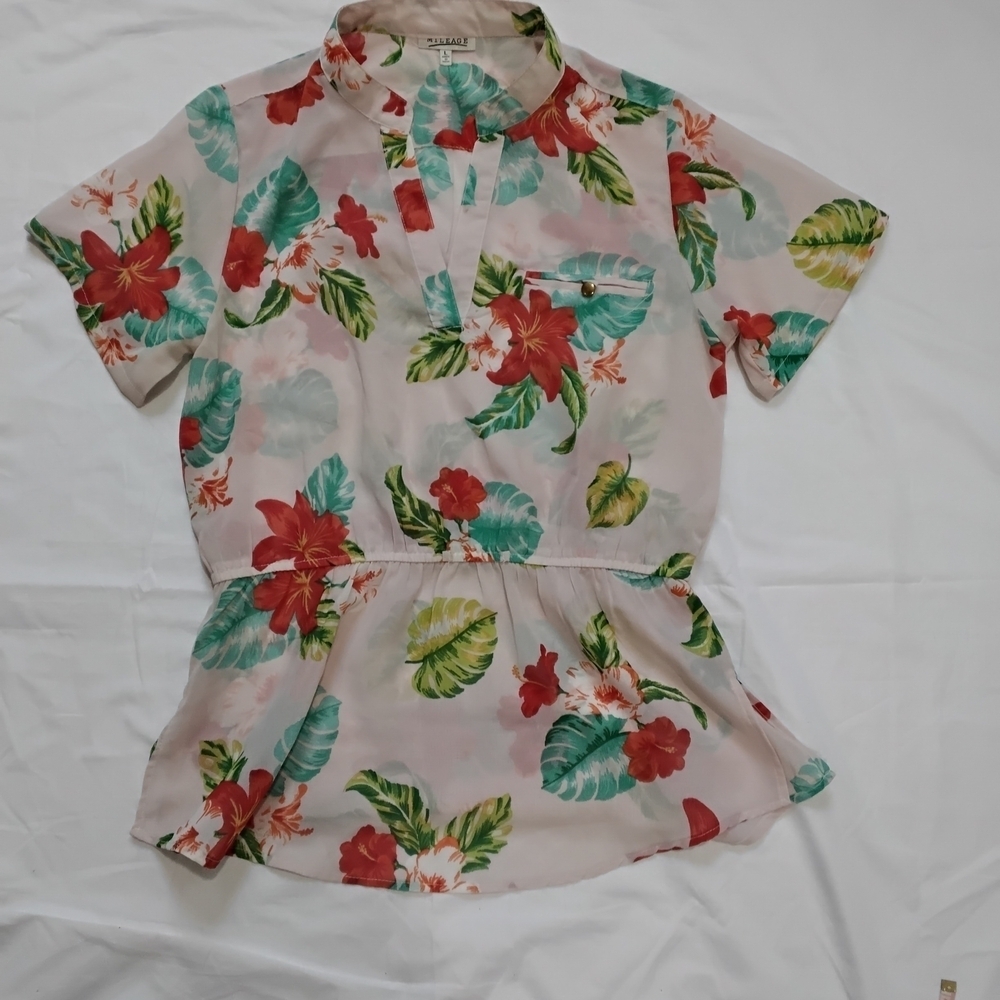 MILEAGE women'sCream and Red Peplum Blouse with Mandarin Collar Size L